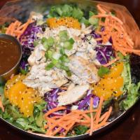 Mandarin Sesame Chicken · Blend of romaine and spring mix with carrots, crispy chow mein noodles, mandarin oranges, re...