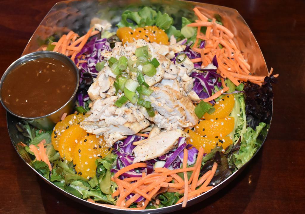 Mandarin Sesame Chicken · Blend of romaine and spring mix with carrots, crispy chow mein noodles, mandarin oranges, red cabbage, scallions, sesame seeds, and grilled chicken. Served with our Asian Sesame dressing.