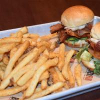 Maple Bourbon Blt · Two sliders loaded with maple bourbon bacon, charred romaine and roma tomatoes, topped with ...