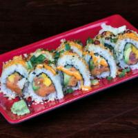 Spicy Tuna Roll · Spicy tuna, cucumber, avocado. tempura crispies, topped with spicy mayo, sesame seeds and sc...