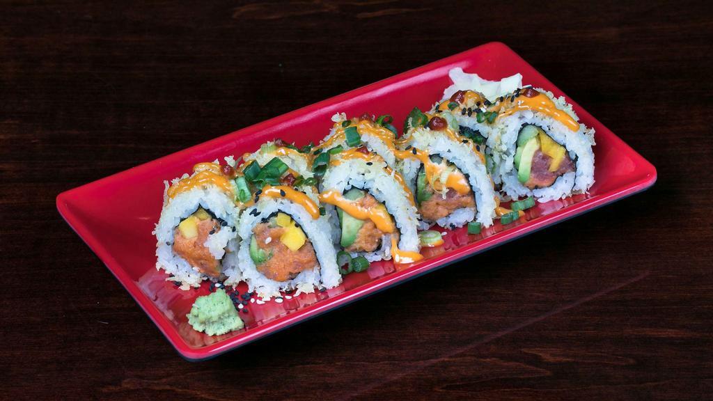Spicy Tuna Roll · Spicy tuna, cucumber, avocado. tempura crispies, topped with spicy mayo, sesame seeds and scallions.