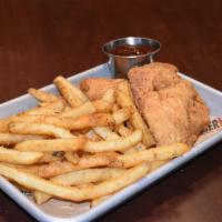 Little Fin Chicken Tenders · Two crispy tenders served with choice of sauce and fries.