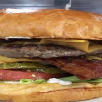 Bacon Cheeseburger Burger · American cheese, mayo, lettuce, tomatoes, onions, and pickles