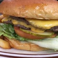 Double Cheeseburger · Two hamburger patties with American Cheese, mayo, lettuce, tomatoes, onions, and pickles