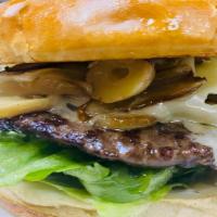 Mushroom & Swiss Burger · Swiss cheese, mayo, lettuce, tomatoes, onions, and pickles