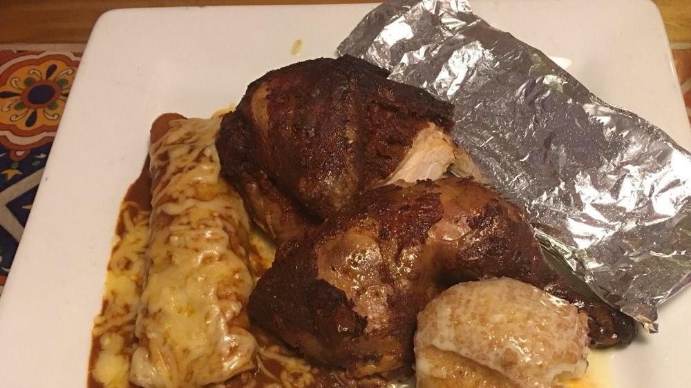 Pollo Asado · Delicious chicken roasted on an open ﬁre. Served with a chicken enchilada, house salad and a papa rellena (stuffed potato).