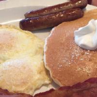 2 On 2 Combo Breakfast · Two large eggs, two pancakes, two sausage and two bacon.