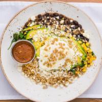 Breakfast Bowl. · brown rice, black beans, avocado, poached egg, spinach, corn, charred tomato salsa, sunflowe...