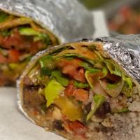 Burritos · Wrapped with seasoned rice, beans, grilled vegetables, Brazilian pico de gallo,  lettuce, co...