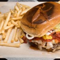 Brazilian Burger · Bacon, cheese, fried egg, smoked ham, lettuce, grilled onions, and tomatoes, mayo, mustard, ...