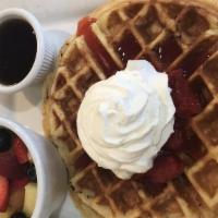 Leige Belgium Waffle · Authentic dough waffle with pearl sugar, seasonal compote, fresh whipped cream and maple syr...