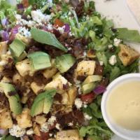 Chopped Salad · Chopped salad: mixed field greens, bacon, blue cheese, chicken breast, red onion, egg, avoca...