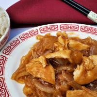 Szechwan Chicken · Chicken breast and onion stir fried in a sweet sauce.