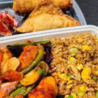 Gen Tso Chicken Lunch Combo · Fried chicken breast mixed with green pepper, water chestnut, and carrot in a sweet spicy sa...