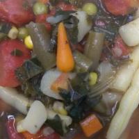 Veggie Soup (Everyday) · Fresh veggies-spinach,kale, carrots, potatoes, green beans, corn, peas and more.