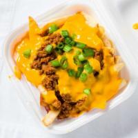 Air Fried Nacho Fries · Air fried French fries with beef nacho meat, nacho cheese and topped with green onion!!!.