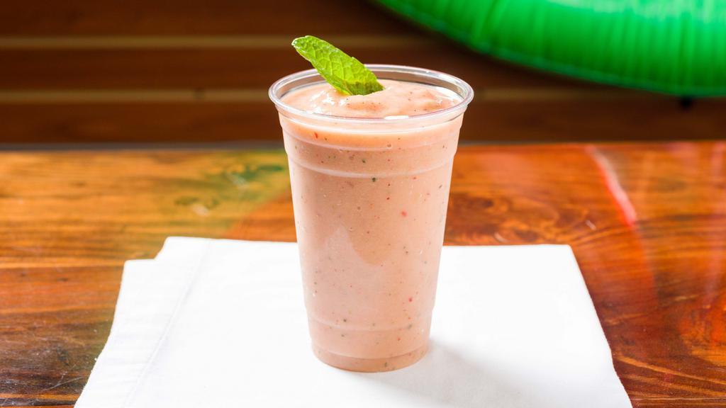 Melon Mint Cooler · Watermelon ,mint, strawberry, peaches ,and cucumber 
100%watermelon juice ,and almond milk
kale or spinach by request.