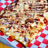 8 Square Detroit Bbq Chicken · Wisconsin brick cheese, chicken, bacon, red onion, bbq sauce, Parmesan cheese. (no red sauce)