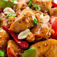 Kung Pao Chicken · Spicy. Stir-fried chicken with peanuts, water chestnuts, and zucchini in a spicy ginger and ...