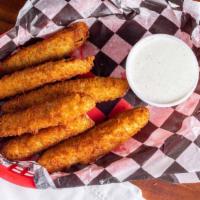 Pickle Fries · Crispy breaded dill pickle fries with a side of house ranch.
