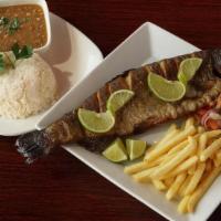 Trucha Frita · Pan Fried Trout, w/ Rice, Beans, French Fries & Salad