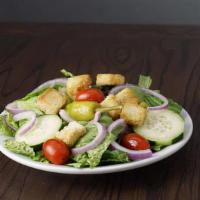 Italian Table Salad · Romaine lettuce, grape tomatoes, red onion, cucumber, pepperoncini, and crutons.