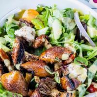 Portobella Greek Salad (Gf) · grilled portobella, almond feta, kalamata olives, red onion, tomatoes, cucumber, pepperoncin...