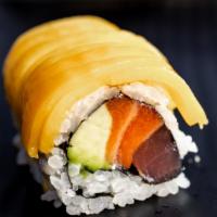 Mango Tango Roll · tuna, salmon,avocado inside, with mango on top

Consumer Advisory: eating raw fish, shellfis...
