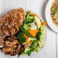 Charbroiled Lemon Chicken (All Vegetable) · Served with all vegetable stir fry and choice of rice.