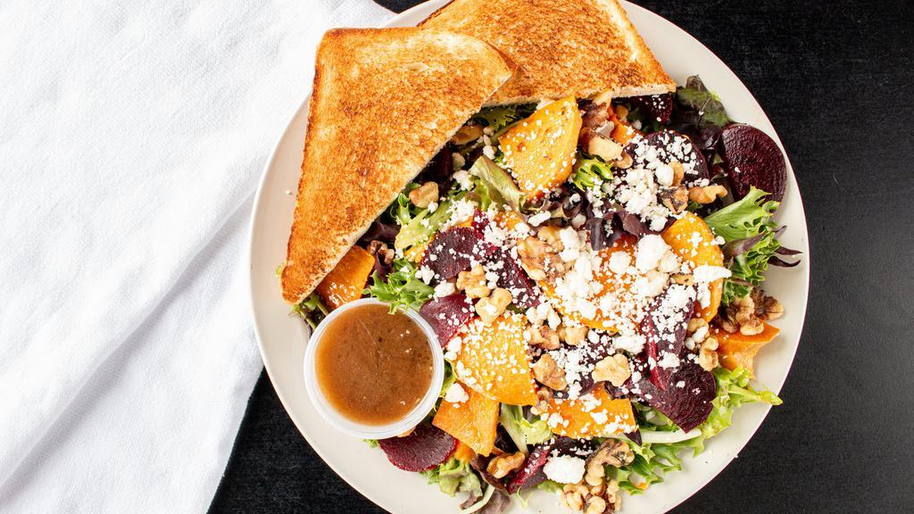 Roasted Sweet Potato & Beet Salad · Spring mix with roasted sweet potatoes, sliced beets, walnuts, and feta cheese. Served with balsamic dressing.