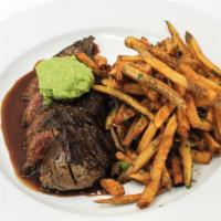 Steak Frites · Grass-fed Bavette steak, Bordelaise sauce, Maître d’Hôtel butter, pommes frites & aioli