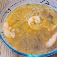Asopado De Camaron · Shrimp and rice soup.