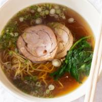 Shoyu Ramen · Roasted pork, spinach, bamboo shoots, green onion