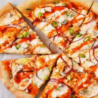 Buffalo Chicken Pizza · Grilled chicken with Buffalo sauce, raw onions and blue cheese.