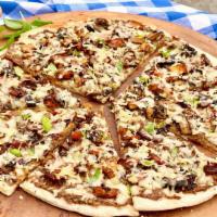 Veggie Pizza · Mushrooms, roasted red peppers, caramelized red onions, ricotta cheese, mixed green lettuce,...