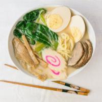 Tonkatsu Ramen Soup · Egg noodle, rich pork broth, BBQ pork belly, boiled egg, bok choy, bamboo shoots.