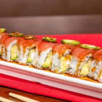 Hot Maki · Shrimp tempura and avocado inside, topped with tuna, jalapeno, Served with chef's special sa...