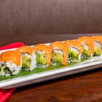 Fox Point Roll · White tuna, cucumber avocado roll, topped with salmon.