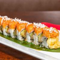 Dynamite Roll · Shrimp tempura mango and cucumber roll topped with spicy tuna and coconut flake, sweet soy s...