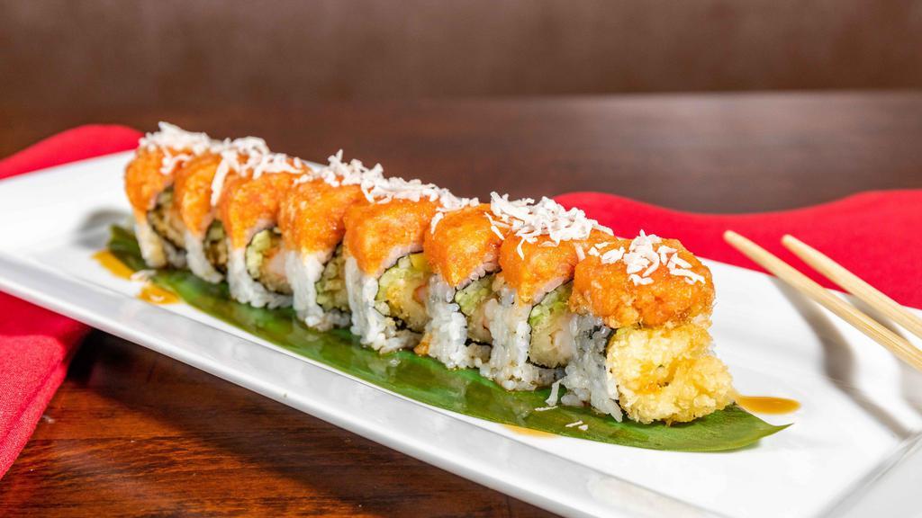 Dynamite Roll · Shrimp tempura mango and cucumber roll topped with spicy tuna and coconut flake, sweet soy sauce.