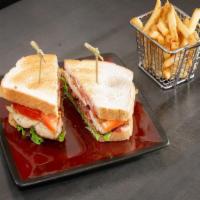 Chicken Blt · Grilled chicken breast, applewood bacon, lettuce, tomato with sriracha mayo on white toast.