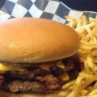 Double Down Burger · Double patty, double bacon, double American cheese, and mayo. Served with half a pound of go...