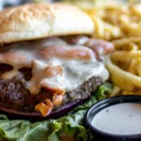 Bacon Ranch Burger · Bacon, ranch dressing, lettuce, tomato, red onion, and Swiss cheese. Served with half a poun...