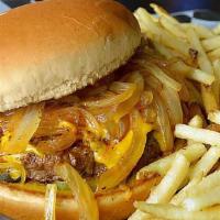 The Big Lou Burger · Grilled onions, pickles, mustard, and American cheese. Served with a half pound of golden fr...