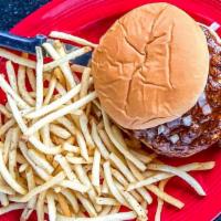 Chili Cheeseburger · Chili, American cheese, and diced onions. Served with half a pound of  golden fries.