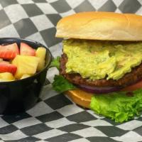 'Not A Burger' Burger · Impossible Plant-Based Vegan Patty, Guacamole, Red Onion, Tomato, Lettuce, Pickles, Spicy Mu...