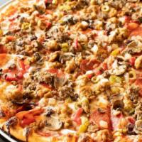 Louigi'S Supreme Pizza · Sausage, ham, pepperoni, bacon, bell peppers, red onions, mushrooms, tomatoes, and black oli...