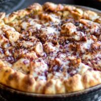 Bbq Chicken Pizza · Shredded chicken, BBQ sauce, bacon, red onion