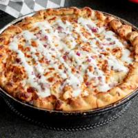Cluck-A-Lo Pizza · Shredded chicken, spicy Buffalo sauce, red onion, blue cheese crumbles, and ranch.