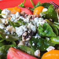 Super Spinach Salad · Diced chicken, bacon, baby spinach leaves, bleu cheese crumbles, mushrooms, walnuts, strawbe...